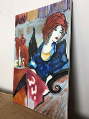 Art nouveau, decorative tile, tubelined design, lady in a bar scene, porcelain art, enamel wall art